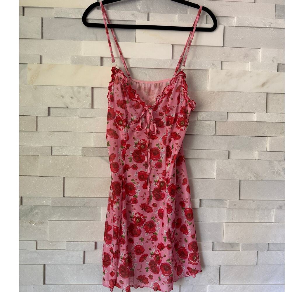 VINTAGE Y2K 90's Mesh Sheer Babydoll Ruffle Neckline Chemise Dress Pink Floral S